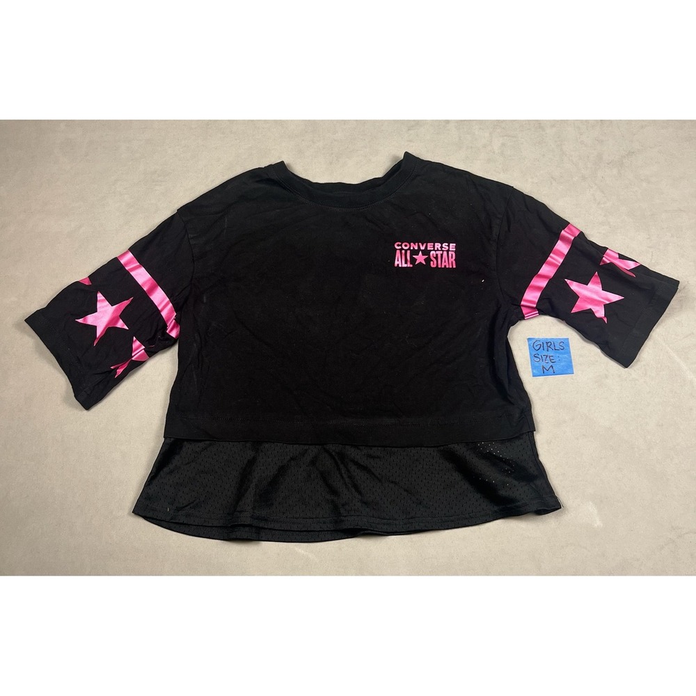 Converse All Star Girls Crop Top Black Pink Star Mesh Hem Shirt Size M 10-12